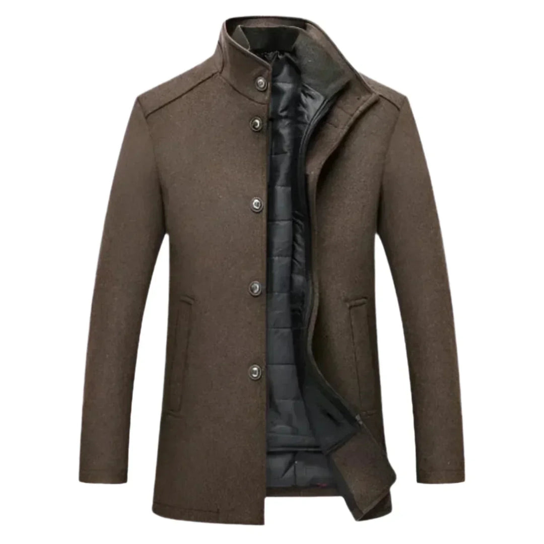 Men's mid-length stand collar brown overcoat. Classic button-front winter outerwear for timeless style & warmth.