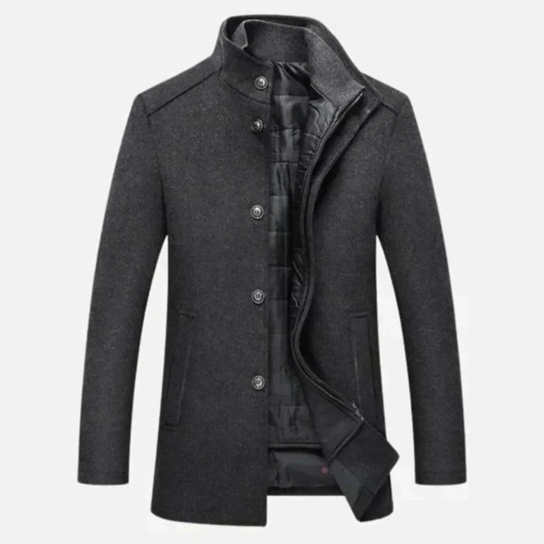 Stylish men's mid-length stand collar gray overcoat. Perfect classic outerwear for fall and winter fashion.
