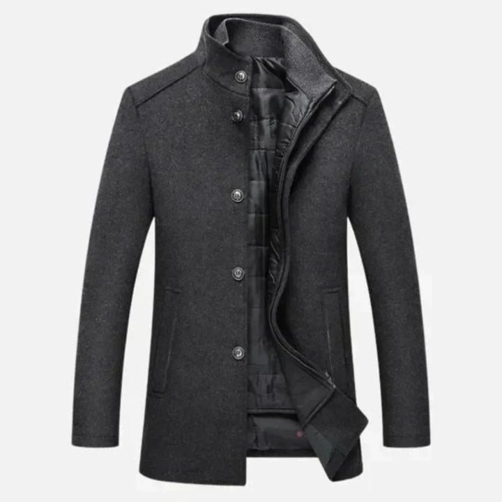 Stylish men's mid-length stand collar gray overcoat. Perfect classic outerwear for fall and winter fashion.