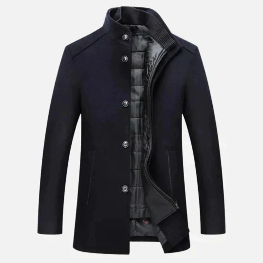 Comfortable men's navy blue mid-length overcoat with a sophisticated stand collar and button front.