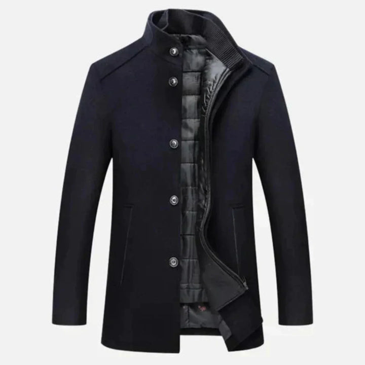 Comfortable men's navy blue mid-length overcoat with a sophisticated stand collar and button front.