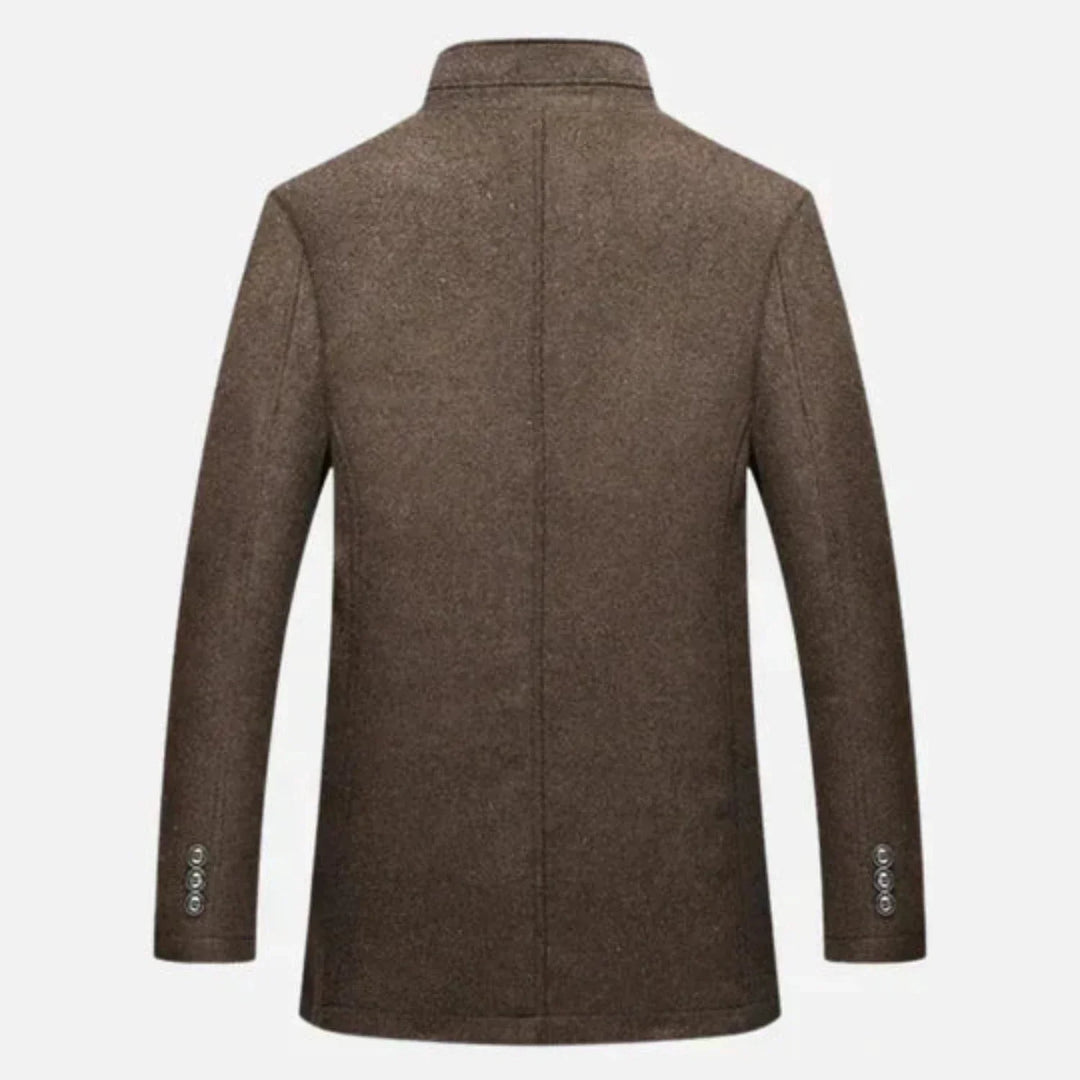 Classic men's stand collar coat. Mid-length design in brown, ideal as a stylish winter overcoat or fall jacket.