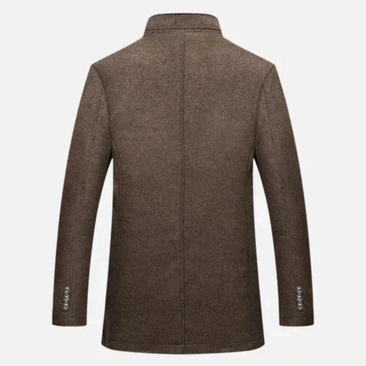 Classic men's stand collar coat. Mid-length design in brown, ideal as a stylish winter overcoat or fall jacket.
