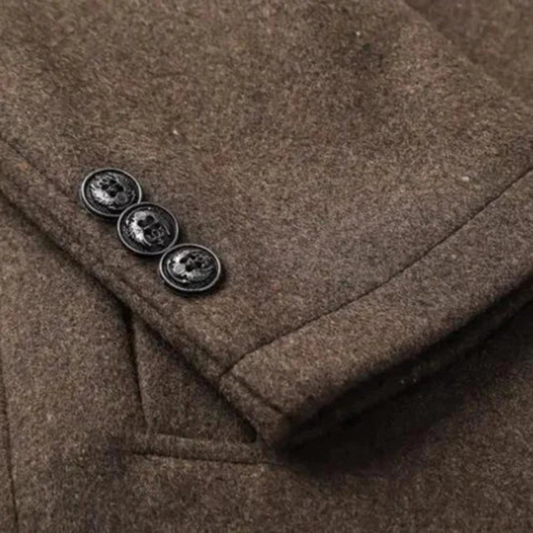 Men's classic brown mid-length overcoat, featuring a stylish stand collar and practical button-front closure.