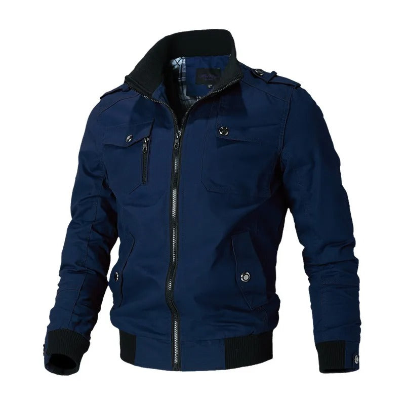 Stylish men's military bomber jacket. Versatile zip-front outerwear, ideal for casual spring & autumn everyday fashion.