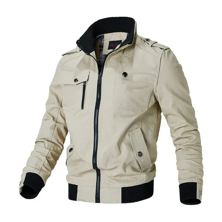 Comfortable men's bomber jacket in military style. Perfect casual zip-up outerwear for everyday spring and autumn.