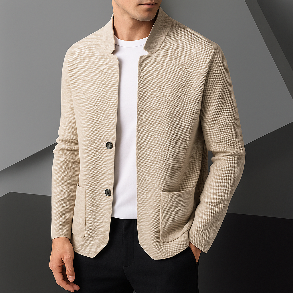 Men's minimal textured button front cardigan, a versatile long sleeve knitwear for smart casual wear.
