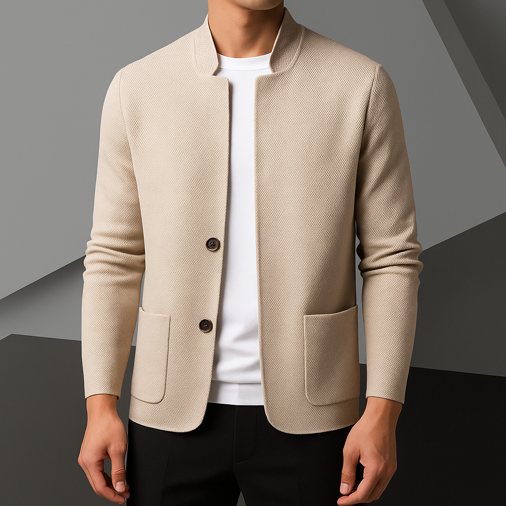 Essential men's textured button-front cardigan, a smart casual everyday sweater and versatile top.