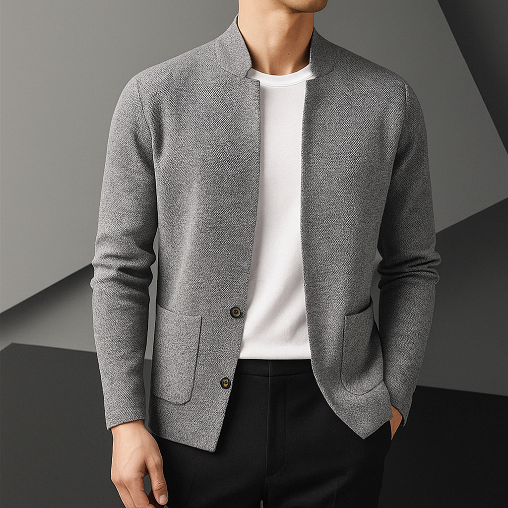 Textured knit men's cardigan with button front, ideal for comfortable and smart casual layering.