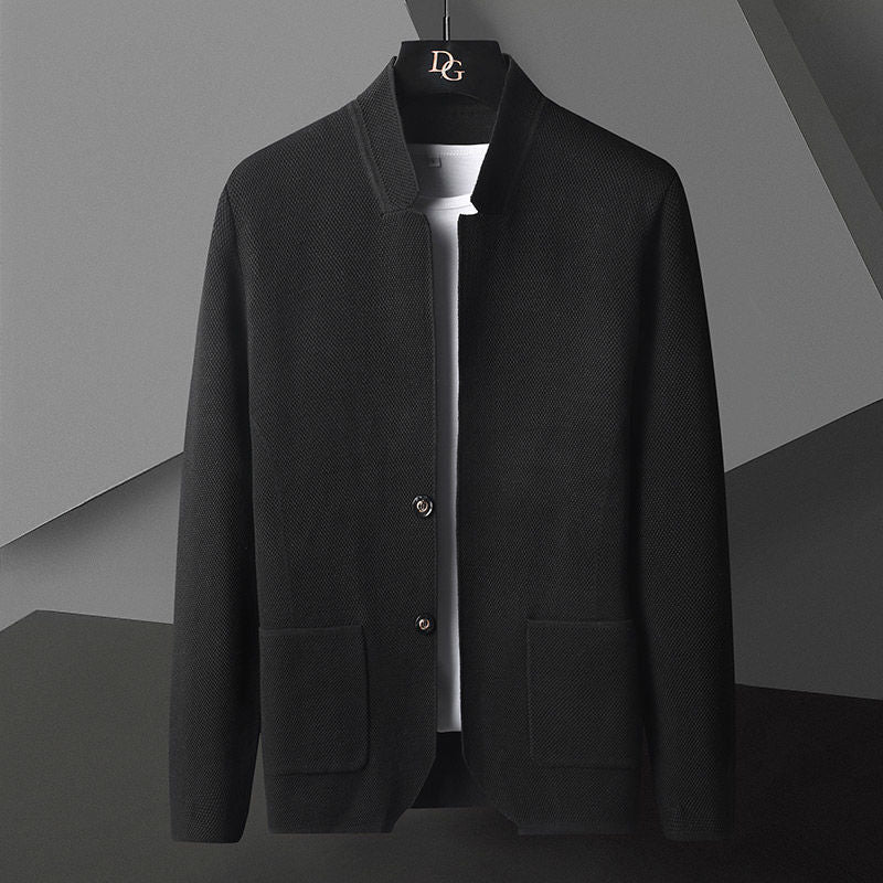 Versatile men's button-front cardigan, perfect for autumn fashion, winter layering & transitional style.