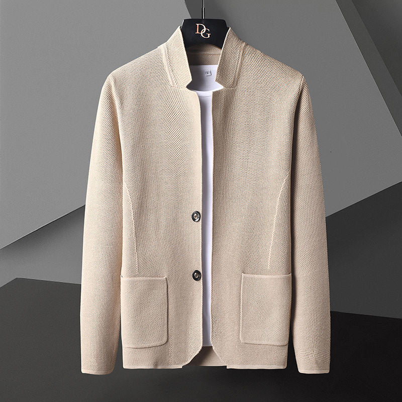 Comfortable men's long sleeve textured cardigan with button front, an everyday smart casual top.