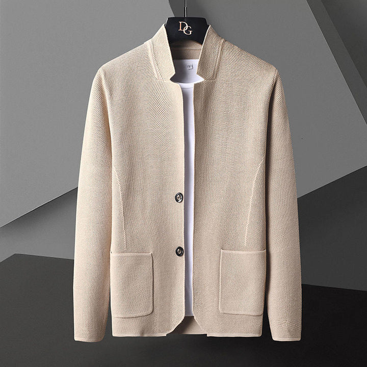 Comfortable men's long sleeve textured cardigan with button front, an everyday smart casual top.
