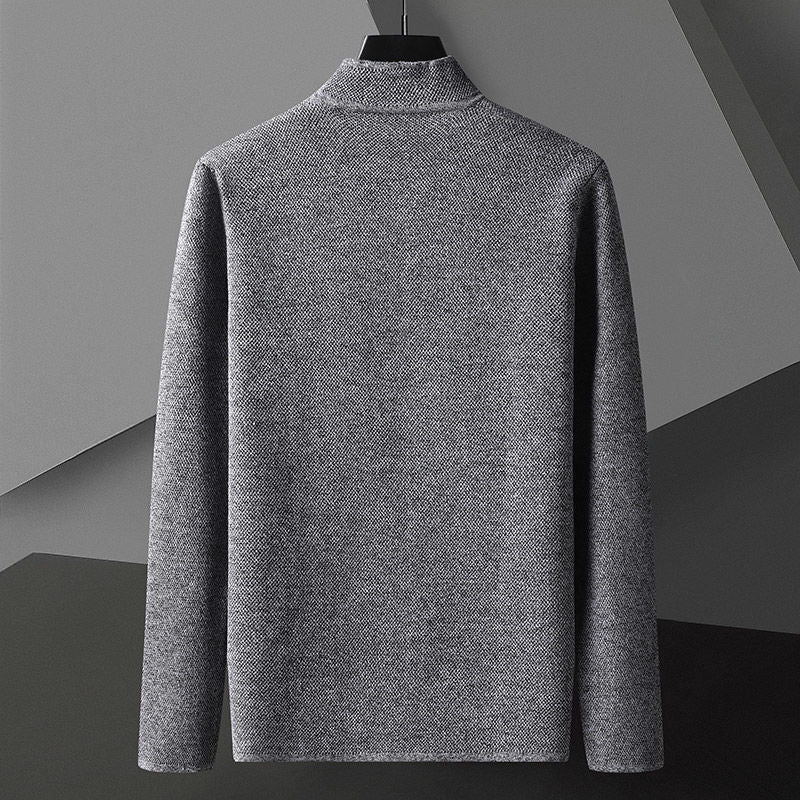 Stylish men's minimal textured button-front cardigan, a versatile layering piece for men's fashion.