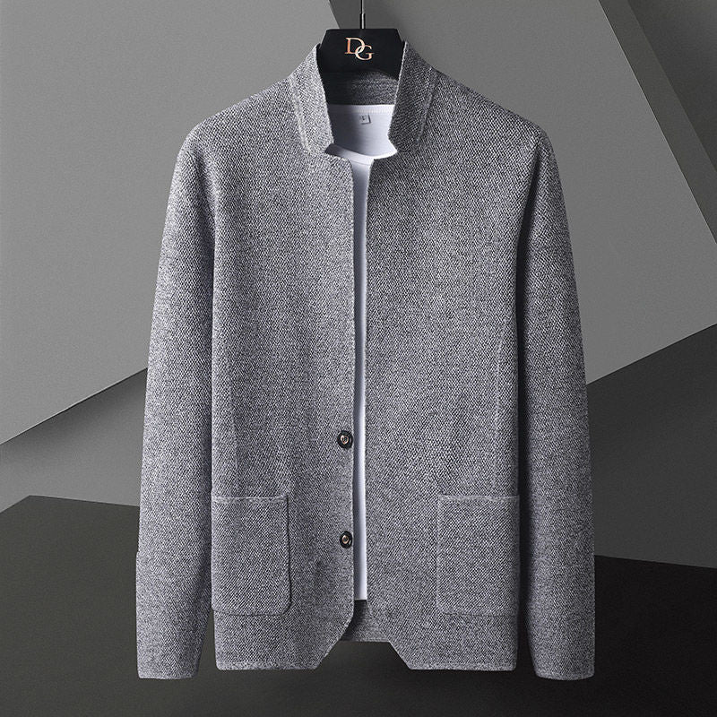 Smart casual men's button front cardigan in a minimal textured knit. Perfect autumn/winter layer.