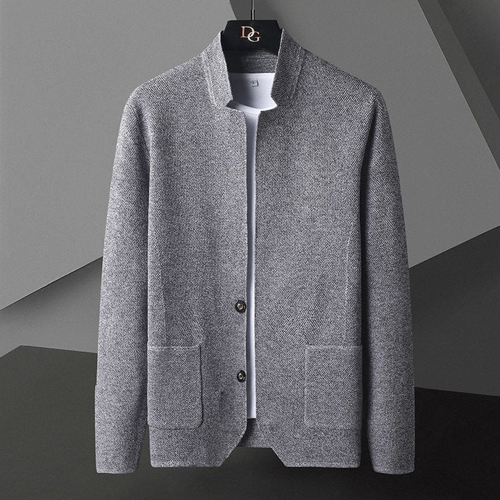 Smart casual men's button front cardigan in a minimal textured knit. Perfect autumn/winter layer.