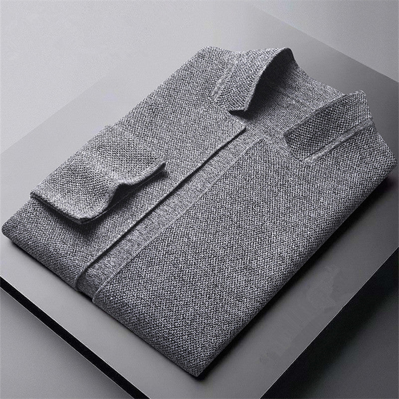 Textured knit men's cardigan with functional button front, a versatile and comfortable top for all seasons.
