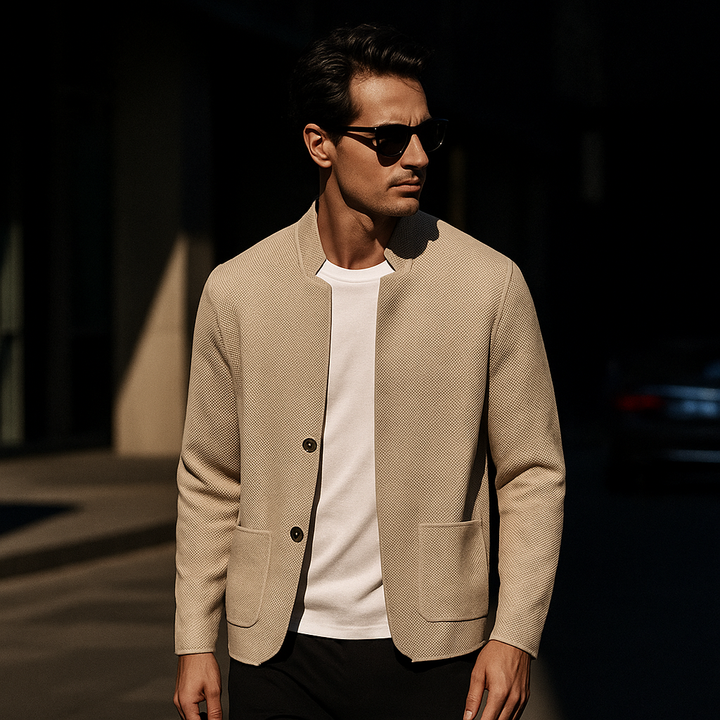 Men's long-sleeve button-front cardigan, textured knitwear perfect for autumn and winter layering.