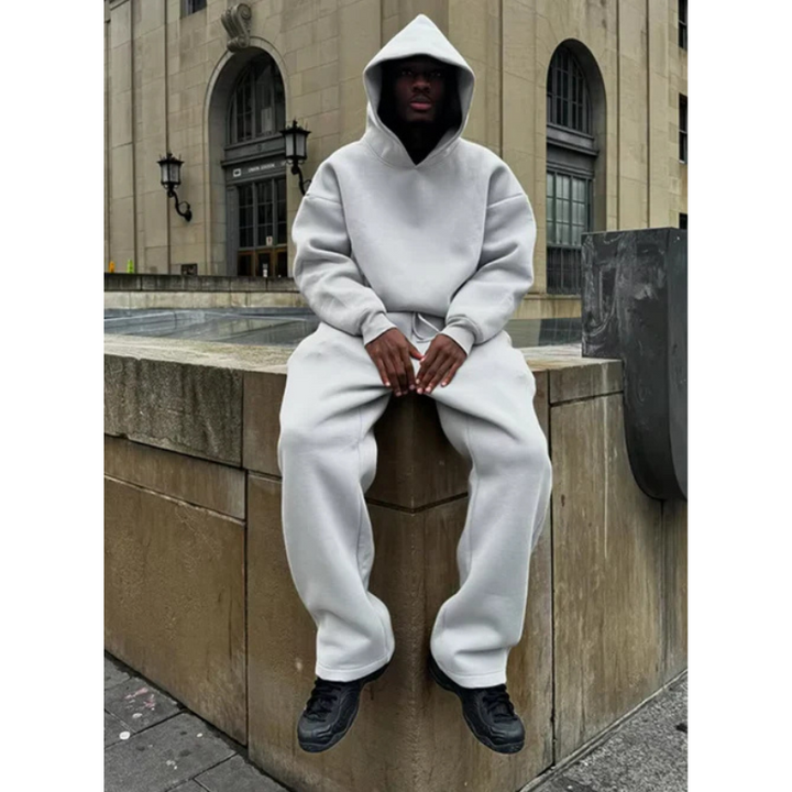 Casual men's hooded sweater set in gray for minimalist fashion and cozy outfit