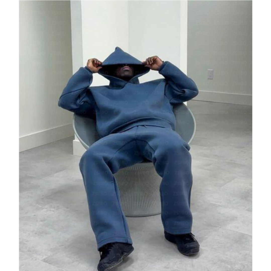 Modern men's minimalist hooded sweater set, ideal for relaxed casual wear
