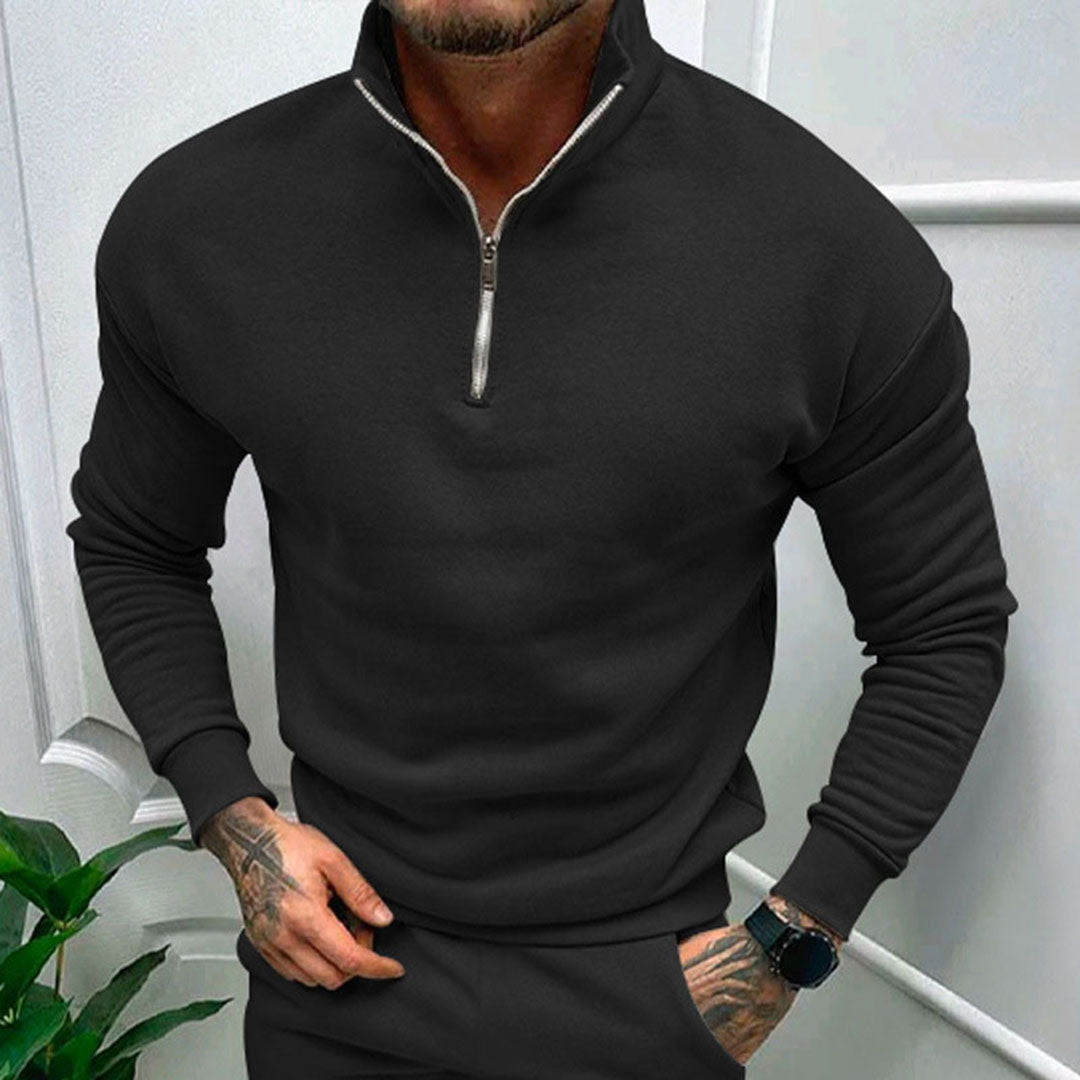 Versatile men's fashion half-zip knit jumper. Clean, minimal pullover for smart casual or everyday autumn/winter wear.