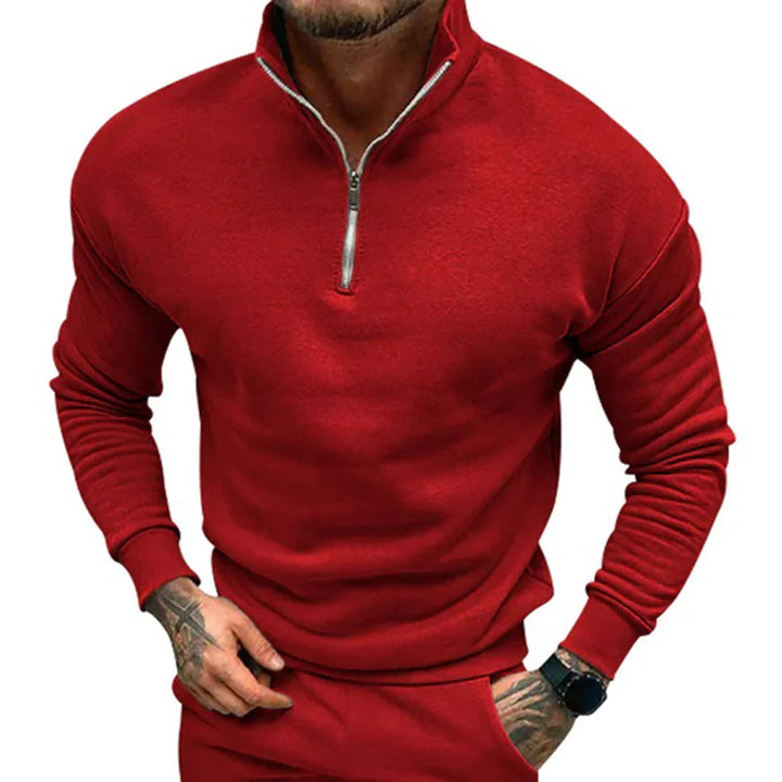 Men's comfortable half-zip knit jumper. Minimalist long-sleeve pullover for men's fashion, perfect for smart-casual.