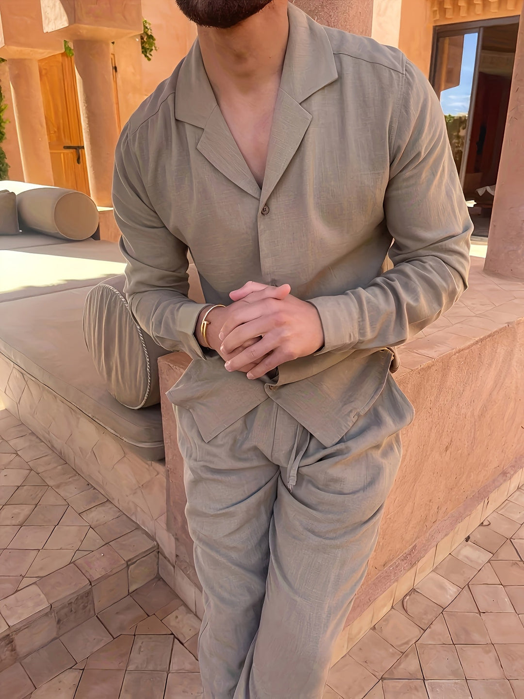 Men's minimalist linen blend two-piece set for comfortable, stylish casual wear.