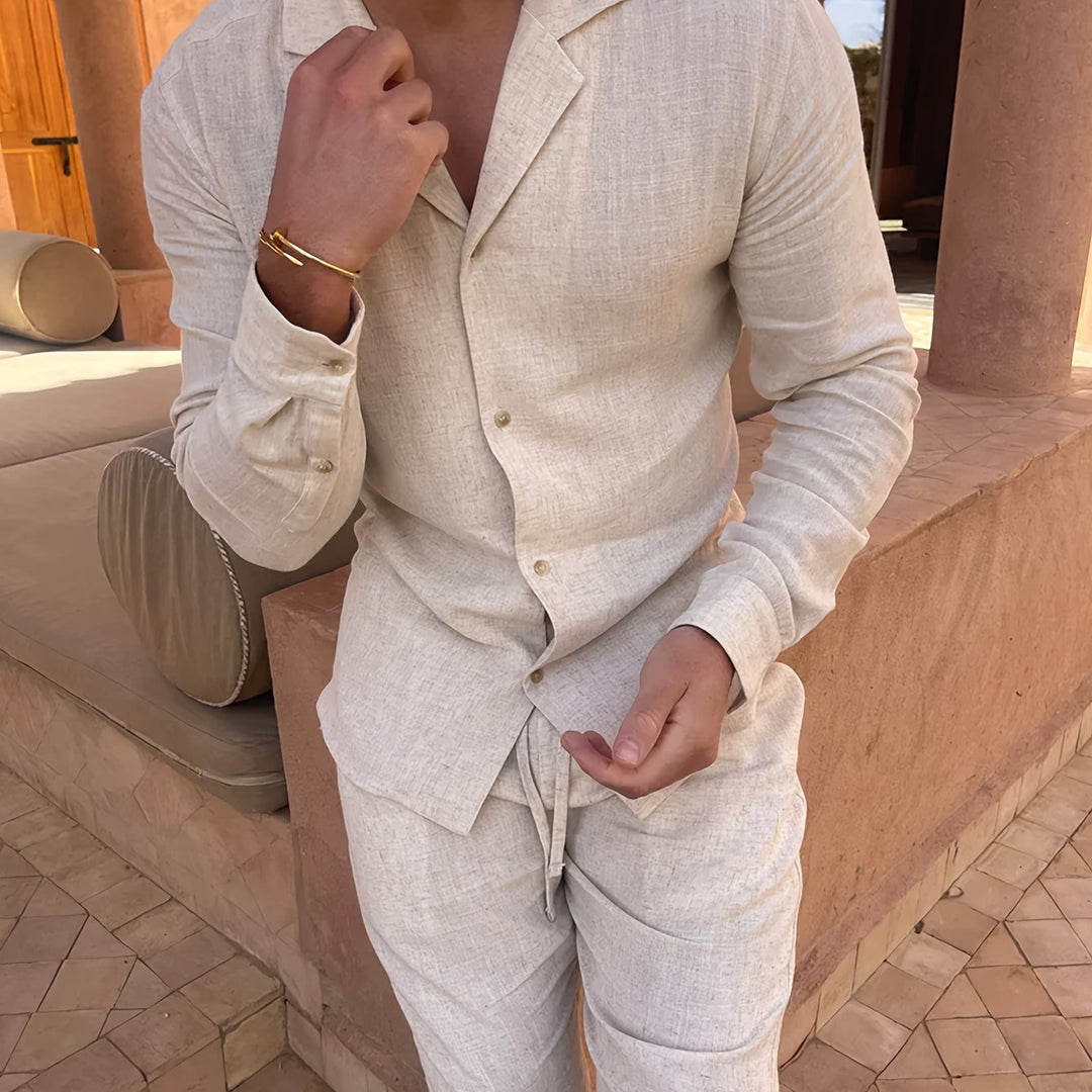 Modern men's minimalist linen blend two-piece set, a key trend in comfortable summer fashion.