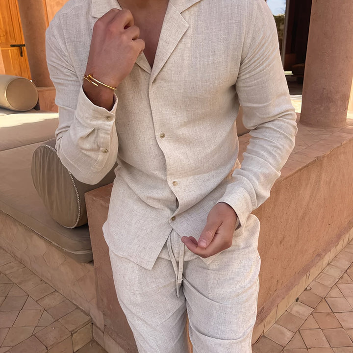 Modern men's minimalist linen blend two-piece set, a key trend in comfortable summer fashion.