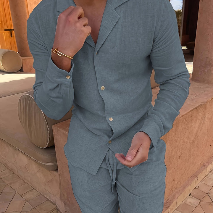 Men's Minimalist Linen Blend Two-Piece Set, combining comfort with sleek design and casual class.