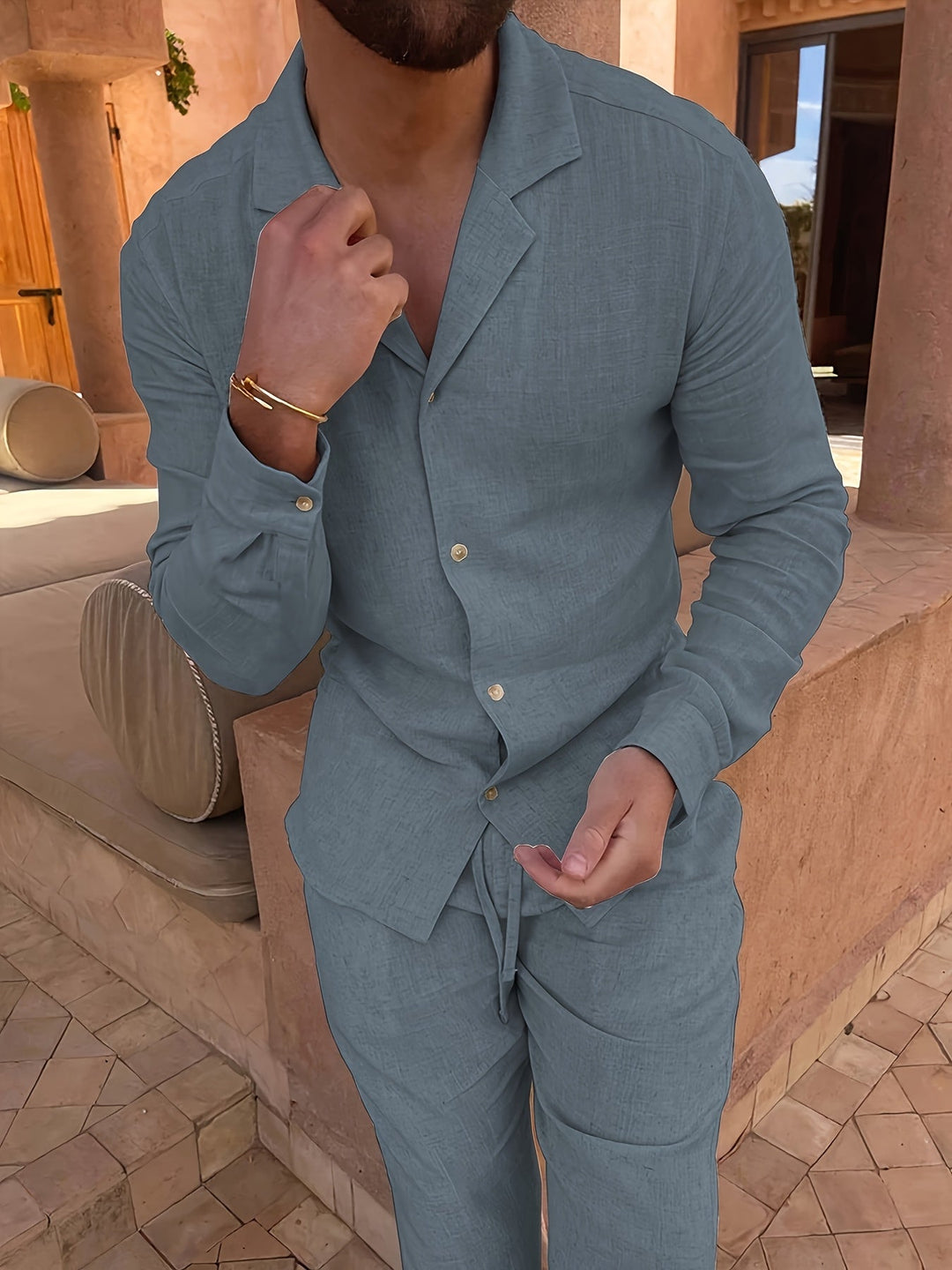 Breathable men's linen blend two-piece set, ideal for summer comfort & minimalist style.