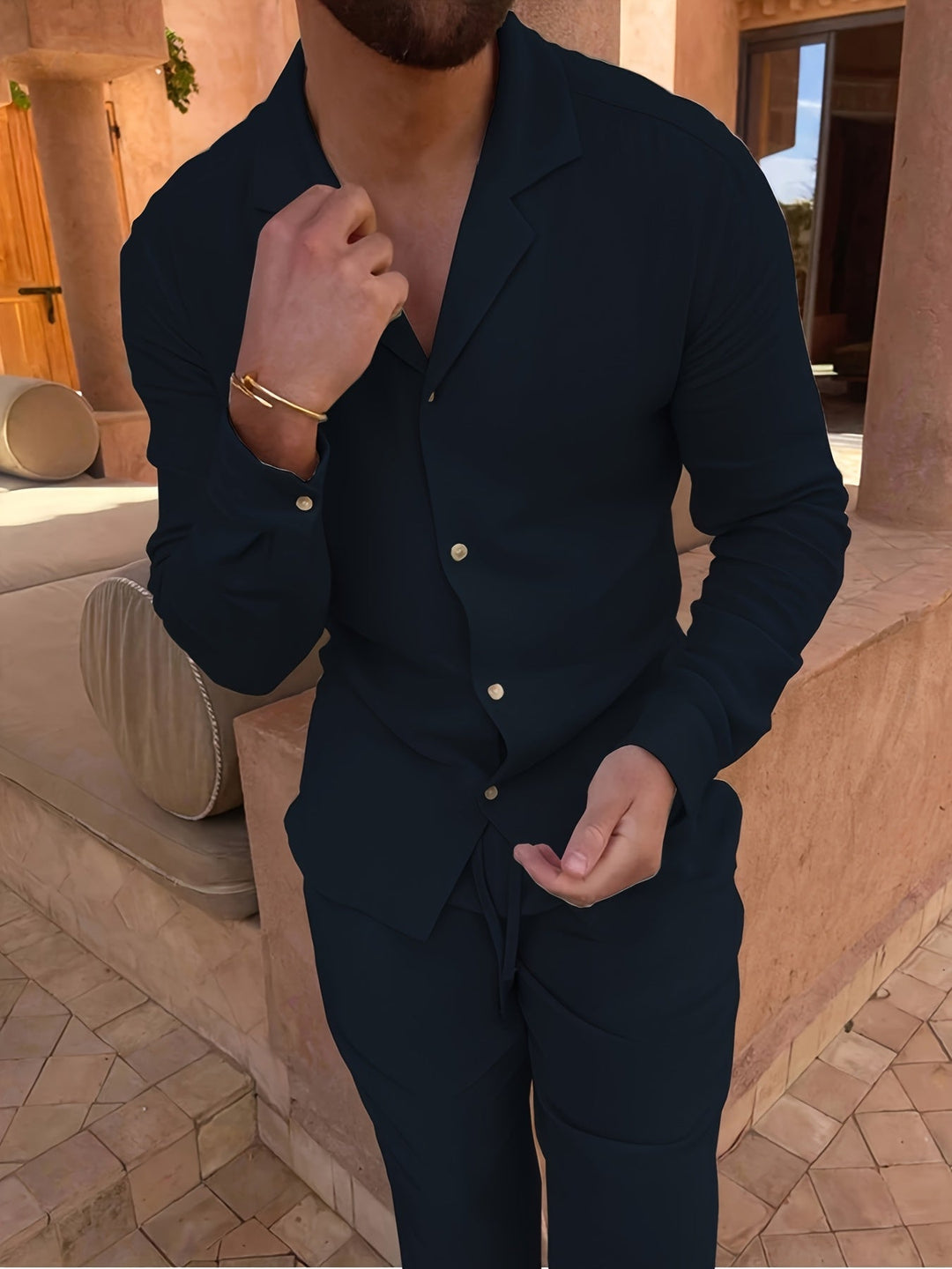 Stylish men's linen blend two-piece set, perfect for semi-formal or casual summer outfits.