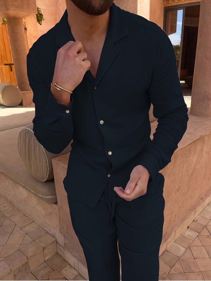 Stylish men's linen blend two-piece set, perfect for semi-formal or casual summer outfits.