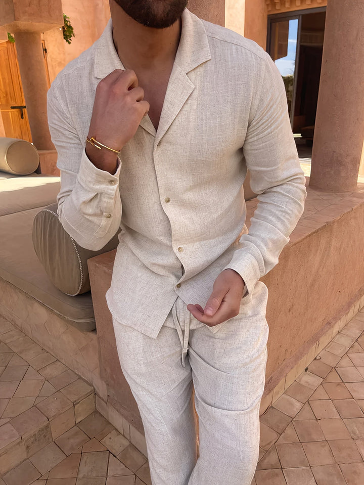 Men's long-sleeve linen blend shirt and pant two-piece set in a minimalist design.
