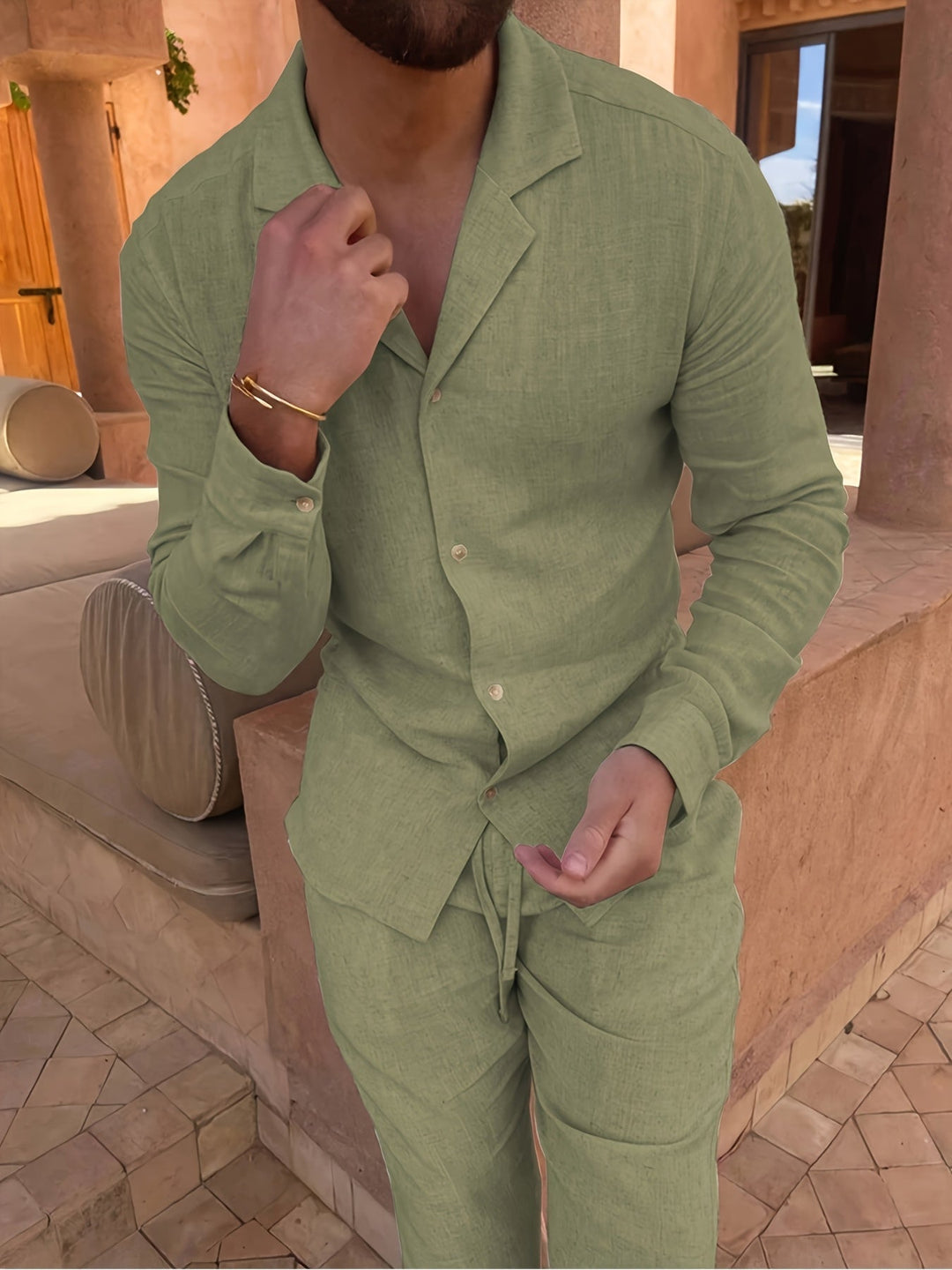 Versatile men's minimalist linen blend two-piece set for smart casual & summer fashion.
