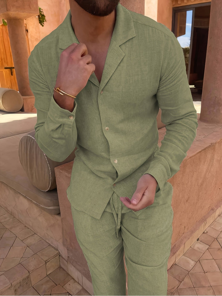Versatile men's minimalist linen blend two-piece set for smart casual & summer fashion.