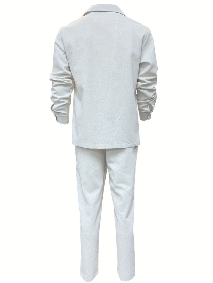 Complete men's minimalist linen blend long-sleeve top and bottom two-piece set for coordinated style.