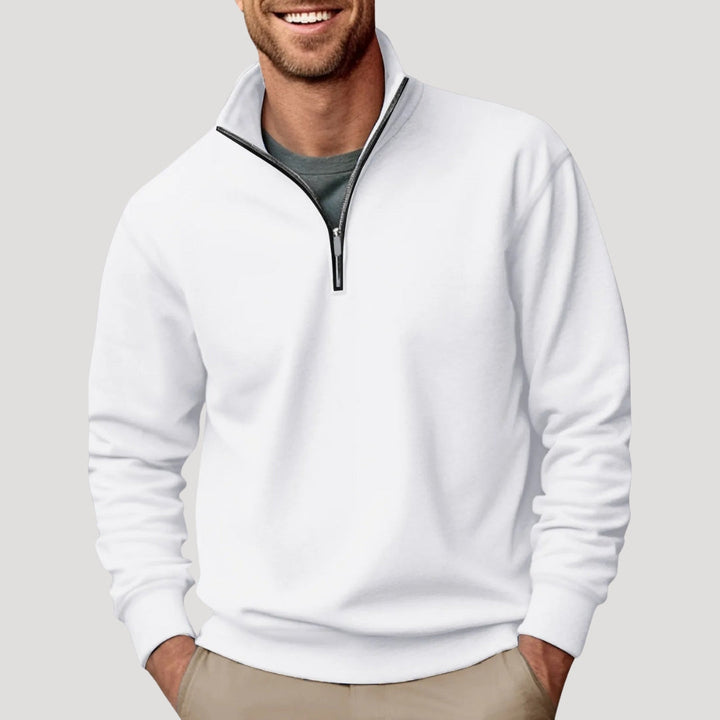 Men's minimalist quarter zip long sleeve sweatshirt in navy, perfect for casual wear and comfort