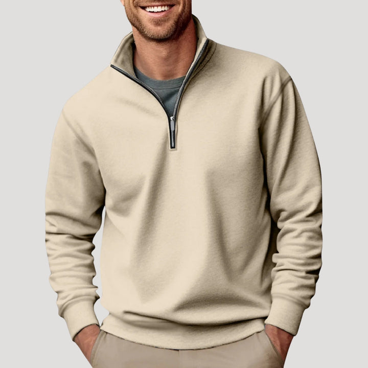 Close-up of a men's versatile quarter zip sweatshirt, showcasing the fabric and collar detail