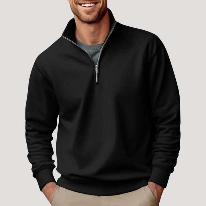 Men's casual long sleeve quarter zip sweatshirt in a crisp white, a versatile menswear staple