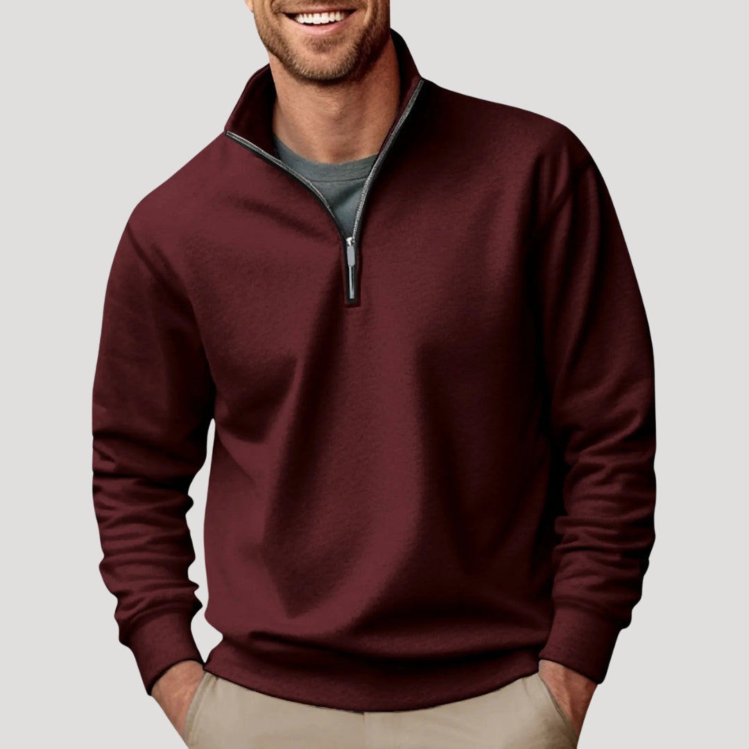 Comfortable men's quarter zip pullover shown from the back, emphasizing the long sleeve design