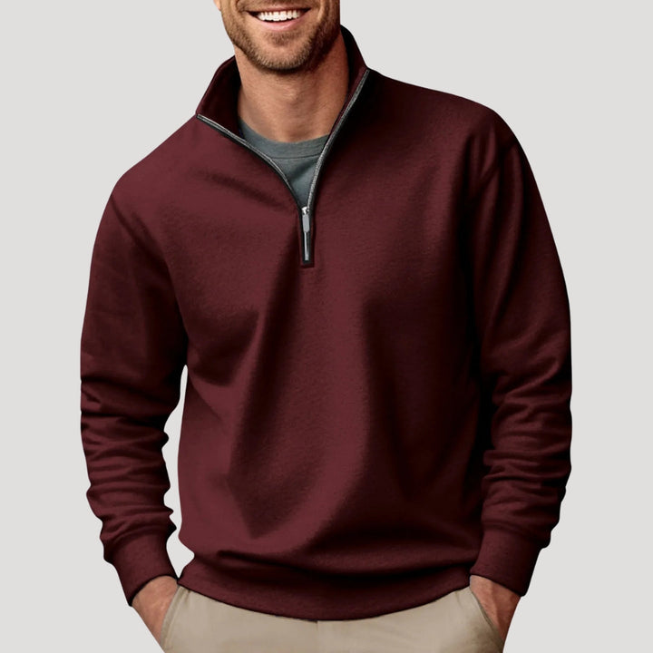 Comfortable men's quarter zip pullover shown from the back, emphasizing the long sleeve design