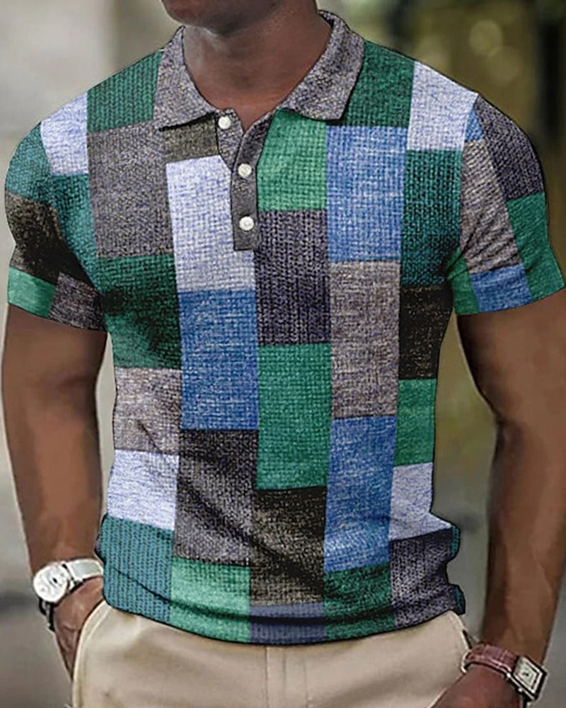 Men's modern checkered polo shirt. Short-sleeve, casual, and comfortable for everyday summer fashion.