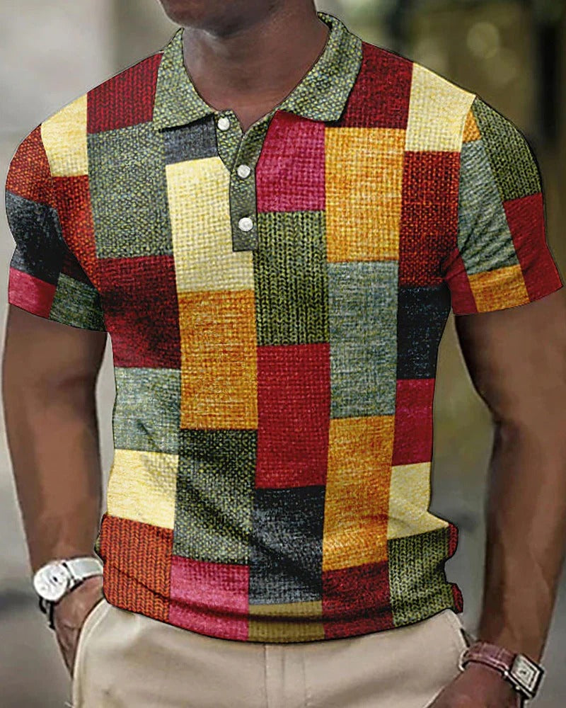 Unique design men's checkered polo with a relaxed fit. Modern short-sleeve top, perfect for summer casual wear.