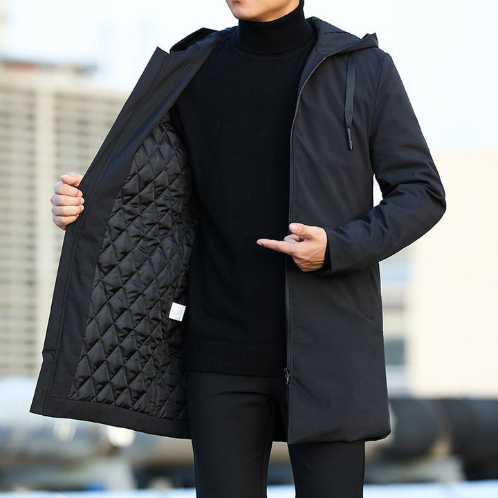 Men's modern chic winter jacket with hood in urban style, perfect for cold weather.