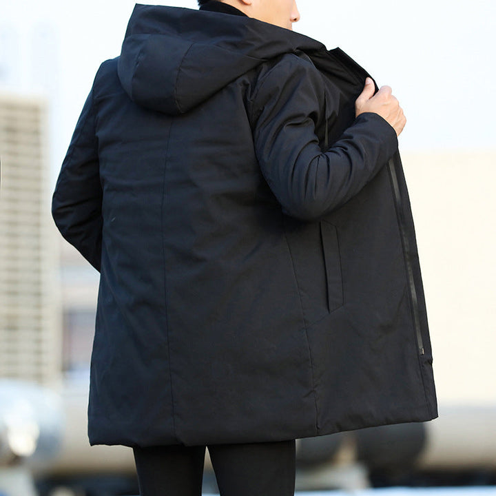 Warm hooded puffer jacket for men, ideal winter coat with a contemporary look.