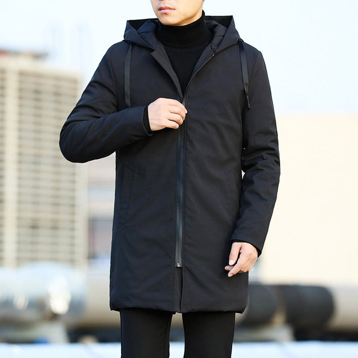 Men's winter jacket, dark-colored with a hood, showcasing urban fashion.
