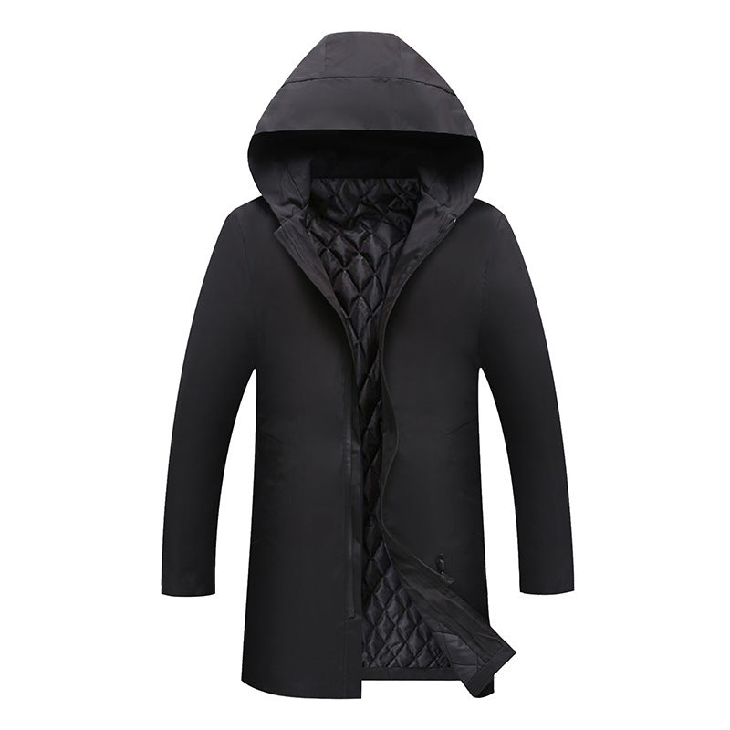 Fashionable men's winter outerwear, a hooded puffer jacket for ultimate cold weather comfort.