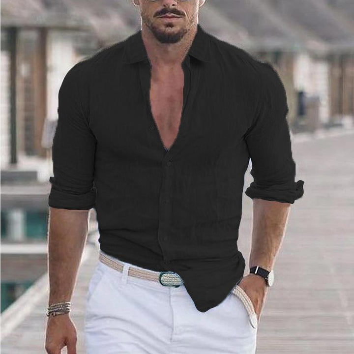 Contemporary men's dress shirt, tailored for a modern fit, suitable for work or weekend wear.