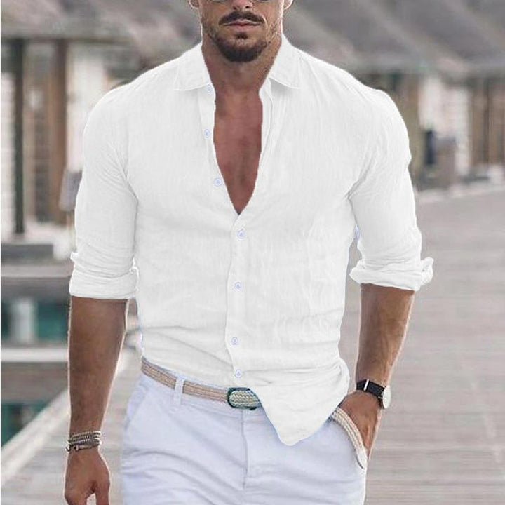 Men's modern casual dress shirt, long sleeve, tailored, offering comfort and refined style.
