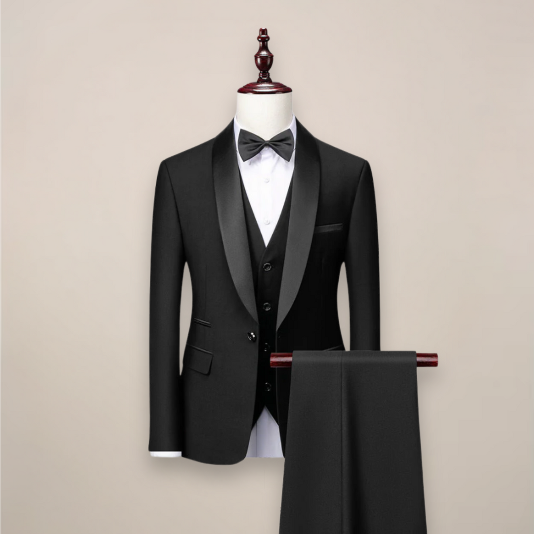 Men's Modern Fit Three-Piece Tuxedo Suit in black, perfect for formal events and weddings